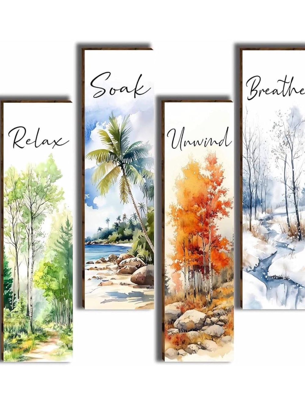 ✴️New✴️Set of 4 Vertical Nature Wall Art Panels - Relax Soak Unwind Breathe